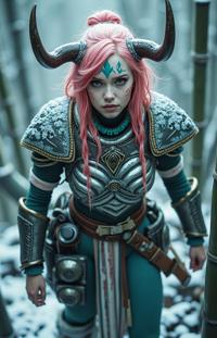 photograph, intricate background, Aerial View of a burly Arcadian Female Frost giant , she is very Gruesome and Dreamlike