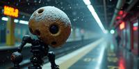 Terminator universe, stylized by Wong Kar wai and Kate Greenaway , photograph, Tech city street and Interstellar gas in background