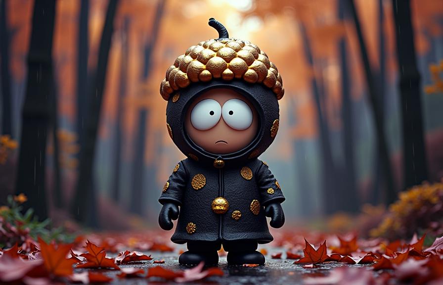 South Park universe, photograph, stylized, over the shoulder shot of a Messy Abnormal Black and Gold Cosplayer Acorn