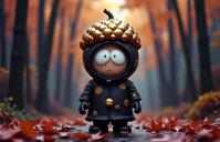 South Park universe, photograph, stylized, over the shoulder shot of a Messy Abnormal Black and Gold Cosplayer Acorn