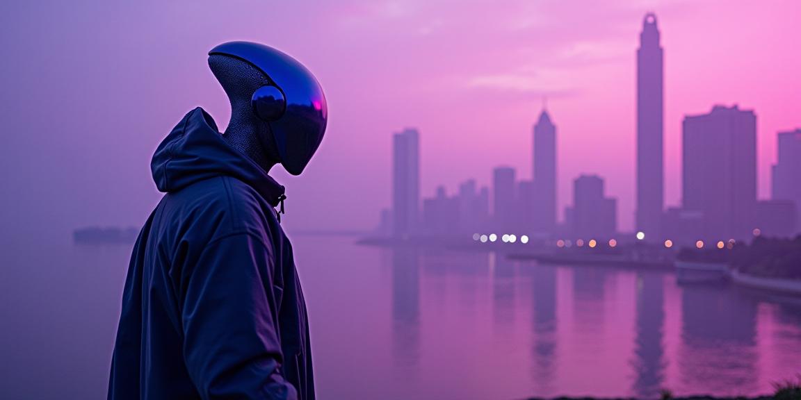 Rocketman universe, photograph, deep purple cityscape and water, Synthetism