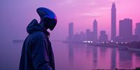 Rocketman universe, photograph, deep purple cityscape and water, Synthetism