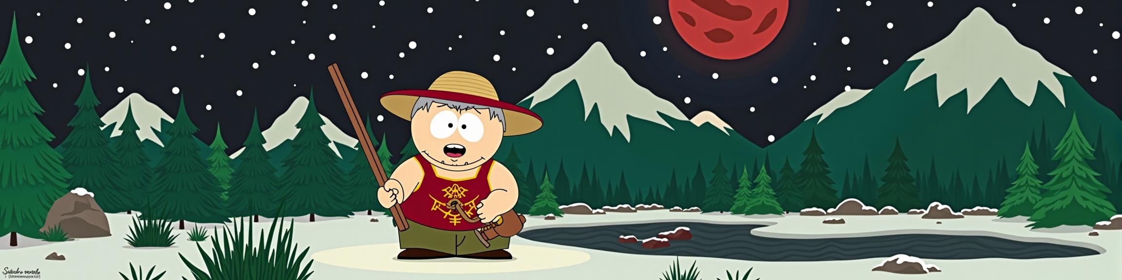 South Park universe, photograph, best quality, zoomed out of a Peplum Electroluminescent burly Elvish Valon
