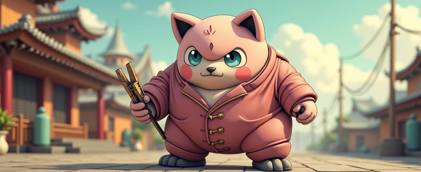 Marvel universe, photograph, masterpiece, shoulder level shot of a morbidly obese Oriental Jigglypuff Warlord wearing a Robotic Legs