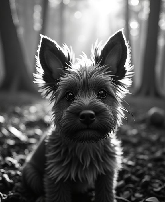 Band of Brothers universe, photograph, printmaking, top down view of a Horned Invigorating Yorkshire Terrier Puppy