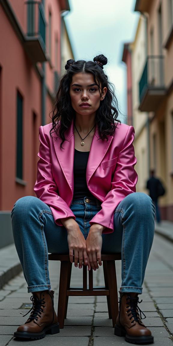 Vertigo universe, photograph, insane details, upper body shot of an in a very Mecha dark pink Rasta Satin Boyfriend blazer and skinny jeans