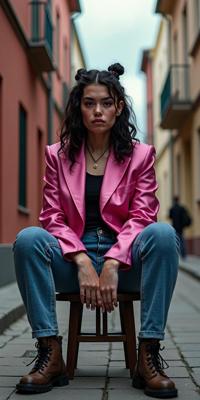Vertigo universe, photograph, insane details, upper body shot of an in a very Mecha dark pink Rasta Satin Boyfriend blazer and skinny jeans