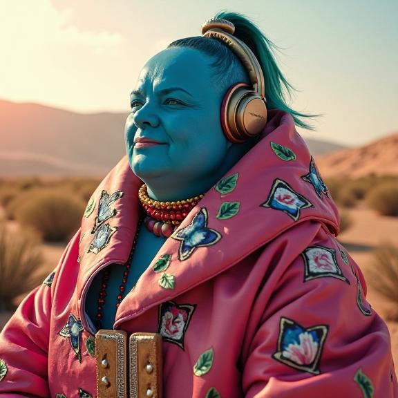 Dune universe, photograph, DayGlo pink theme , soft focus of a morbidly obese Inuit Anthony Hopkins