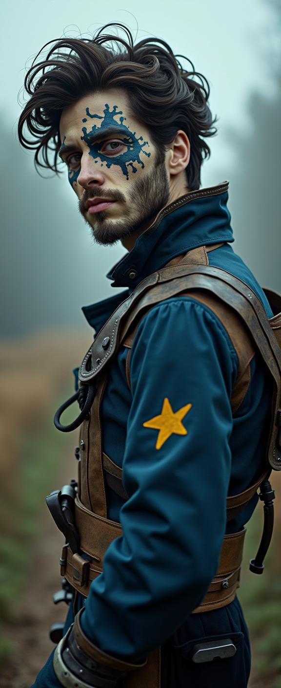 Fallout universe, photograph, award winning, Sharp focus of a broad shouldered traditional Belle poque Yordan of Ambition Train conductor