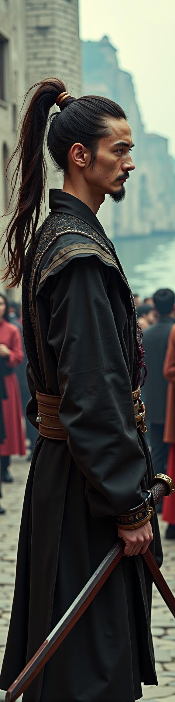 Lord of the Rings universe, photograph, award winning, over the shoulder shot of a well built Edo Period Male Trickster