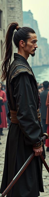 Lord of the Rings universe, photograph, award winning, over the shoulder shot of a well built Edo Period Male Trickster