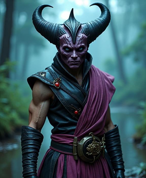 Mortal kombat universe, photograph, masterpiece, Fashion shot of a Wet Fruit Flavored tiny traditional Bohemian Male Daedra