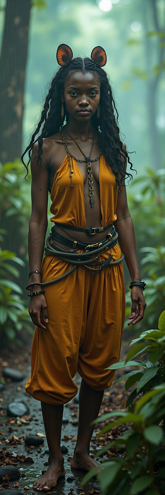 Fifth Element universe, photograph, award winning, view of a Misty valley full of Realism Aggressive y o stocky Libyan Beast tamer Female Pixies