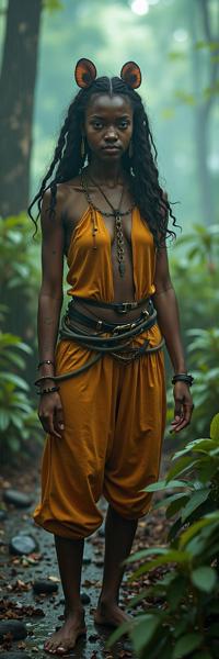 Fifth Element universe, photograph, award winning, view of a Misty valley full of Realism Aggressive y o stocky Libyan Beast tamer Female Pixies