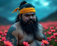 Avatar universe, photograph, Impressionism, close up shot of an obese Western Male Yogi