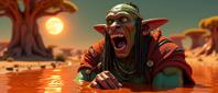 Mad Max universe, photograph, electric orange water with Baobab, alluring