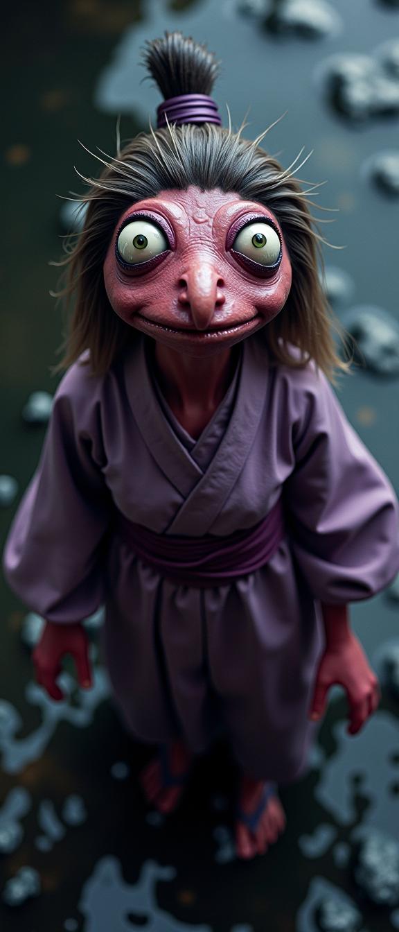 GTA universe, photograph, behance, overhead angle of a stocky Edo Period Female Muppet of Prey