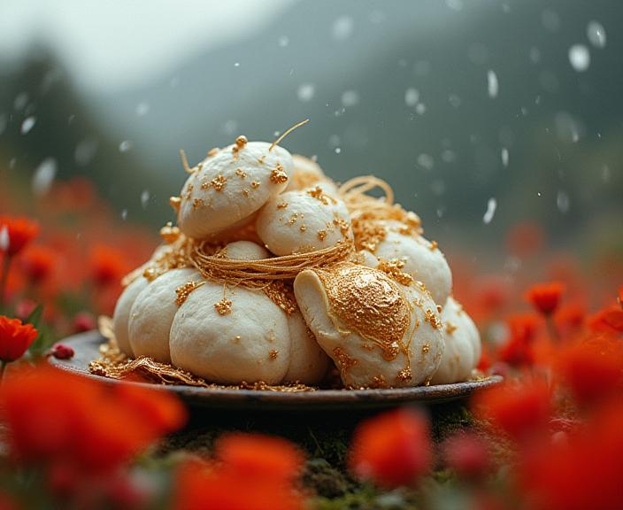 Food, photograph, surreal, Street level shot of a White and Gold Tang Dynasty anpan