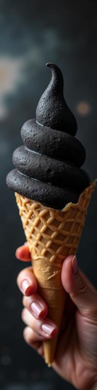 Food, photograph, surreal, medium shot of a dark black Tibetan ice cream