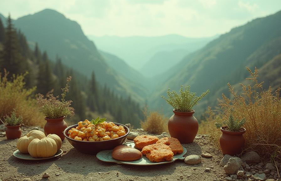 Food, stylized by Meryl McMaster , photograph, desolate mountains with Pots with plants