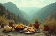 Food, stylized by Meryl McMaster , photograph, desolate mountains with Pots with plants