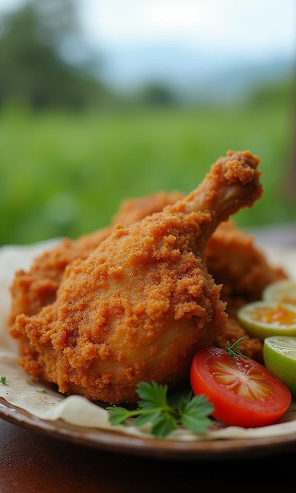 Food, photograph, elegant, Dutch angle shot of a Costa Rican Fried chicken