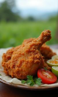 Food, photograph, elegant, Dutch angle shot of a Costa Rican Fried chicken