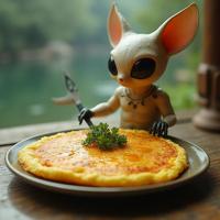 Food, photograph, intricate background, hip level shot of a Yume Kawaii Signature Basque Omelette