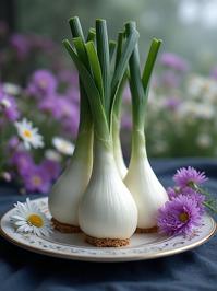 Food, photograph, elegant, zoomed out of a Tribal Feral White and Lilac Bavarian leeks
