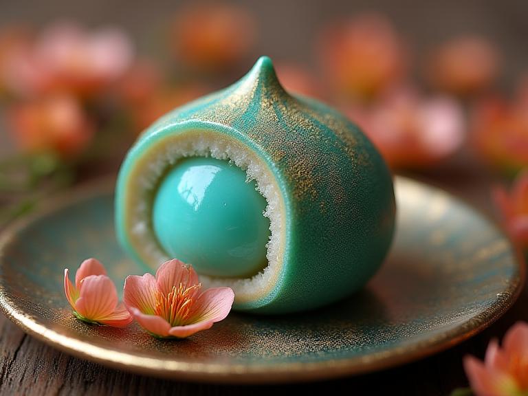 Food, photograph, surreal, close up shot of a Metallic Callous traditional Malian mochi