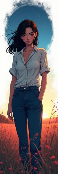 vibrant anime comic, Peach field and Pisces constellation in background, elegant, medium wide shot of a midweight Sephardic Female Shadow