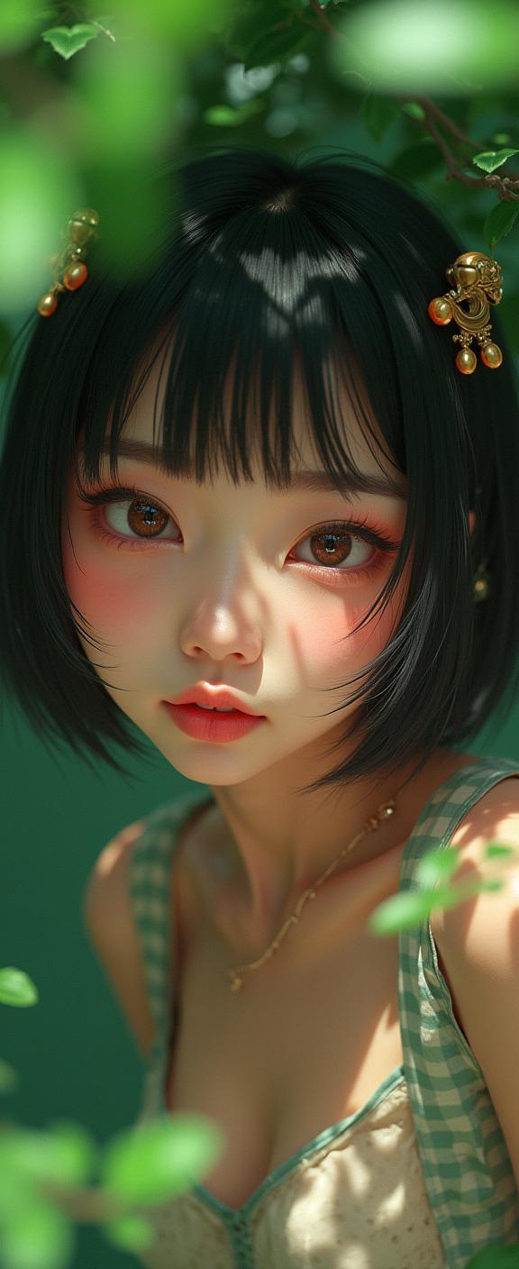 vibrant anime icon, lush fauna with Twig, charming, extreme close up shot of a Upside down Ravishing fat Asian Female Enforcer of Gods