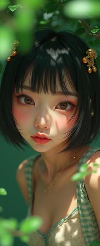 vibrant anime icon, lush fauna with Twig, charming, extreme close up shot of a Upside down Ravishing fat Asian Female Enforcer of Gods