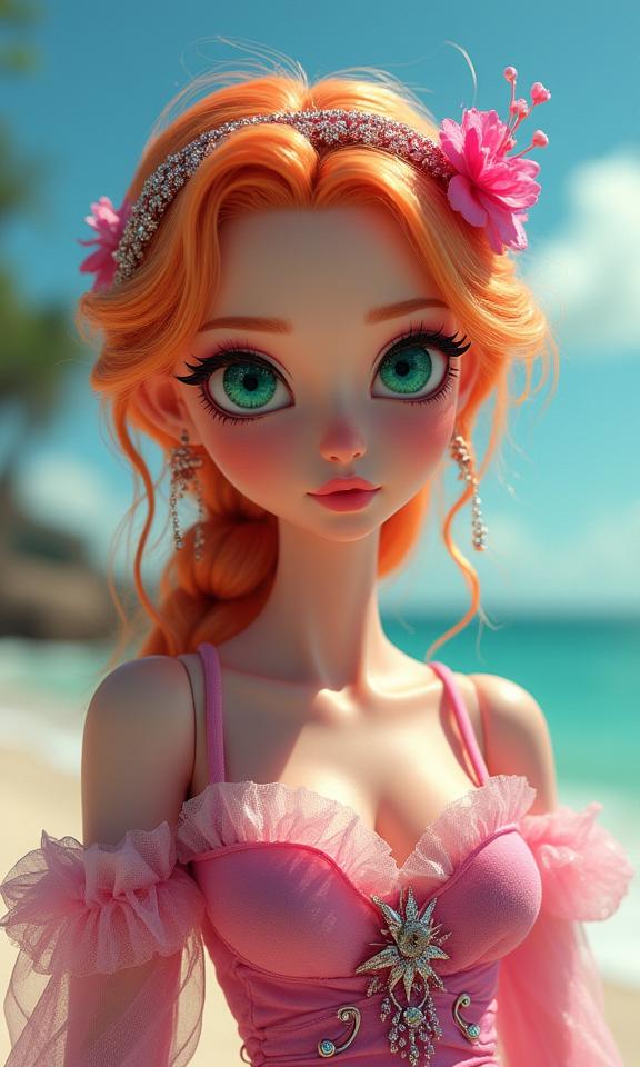 colorful anime doll of a Sakura Pulsating burly Norse Wife , she is from the s, she is expressing joy as a Countess, the Countess is dressed in her Frilled Beachwear