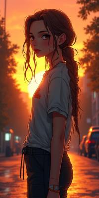 dark anime game cg, fall street and The Sun in background, masterpiece, angle from below of a Anxious Smooth skinny Urban Anna Chlumsky