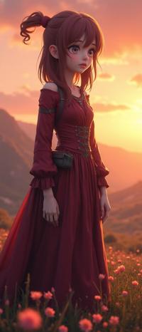 top notch anime manga style, Welsh mountains and Savanna sunset, intricate details, cinematic shot of a skinny Reiwa Era Female Giant