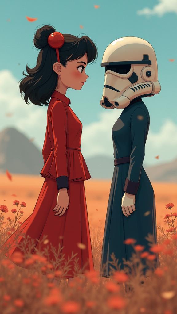 masterpiece anime screenshot, concept art, side view shot of a Dainty Feigned midweight Chinese Stormtrooper Inspector Gadget and Poltergeist , they are and Proteus