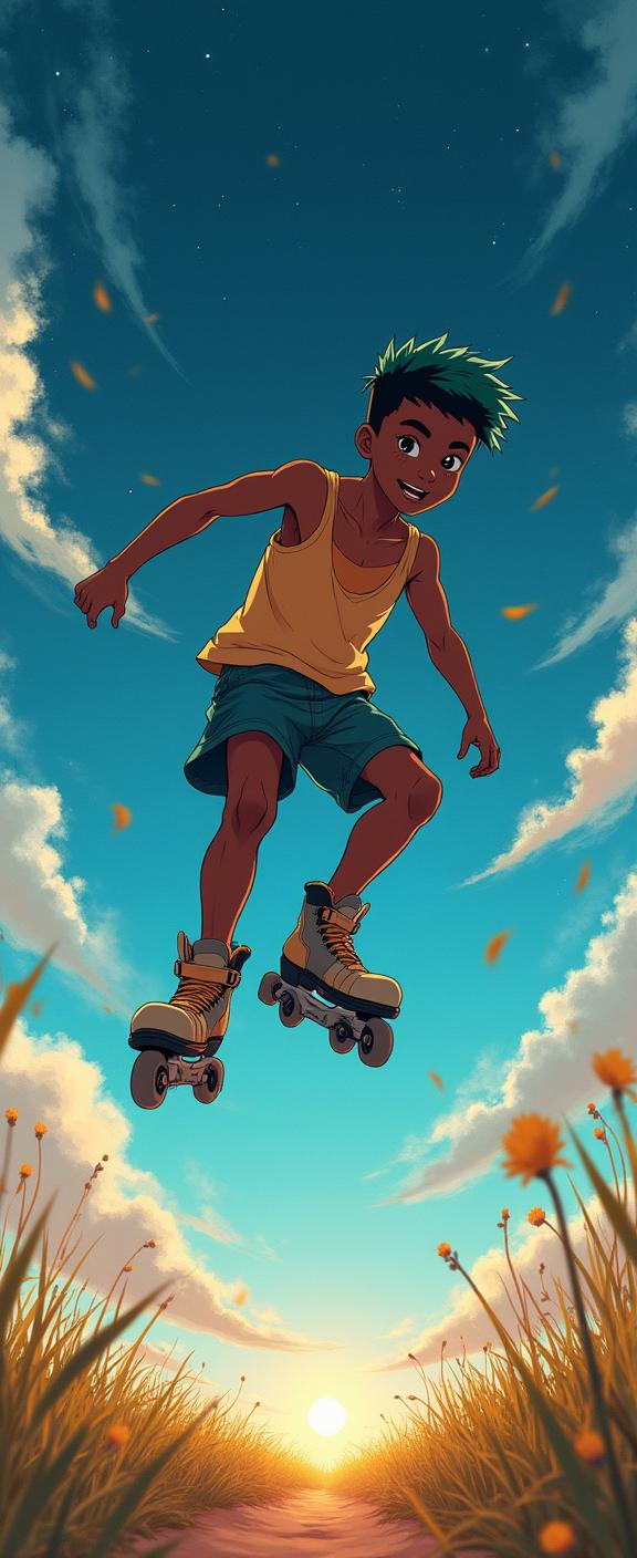 awardwinning anime s anime, majestic, medium wide shot of a American Impressionism Lovely slender Maori Ibrahima , Ibrahima is Jumping