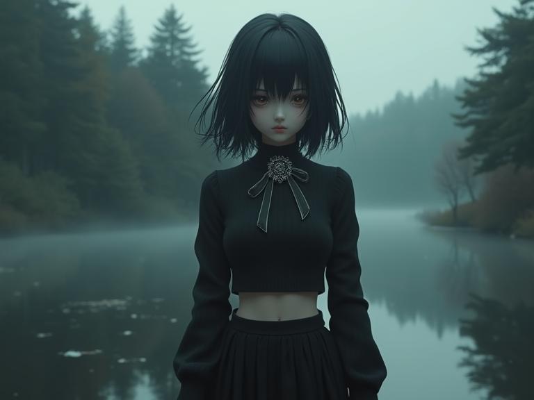 masterpiece anime digital art, Atompunk, majestic, body shot of a thick Emo Wife
