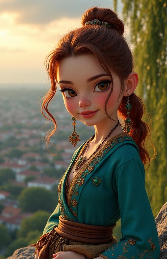 superb anime D anime, dense cityscape with Willow tree, exquisite, medium shot of a Resplendent S Suburbia stout traditional South American Kaitlyn Dever