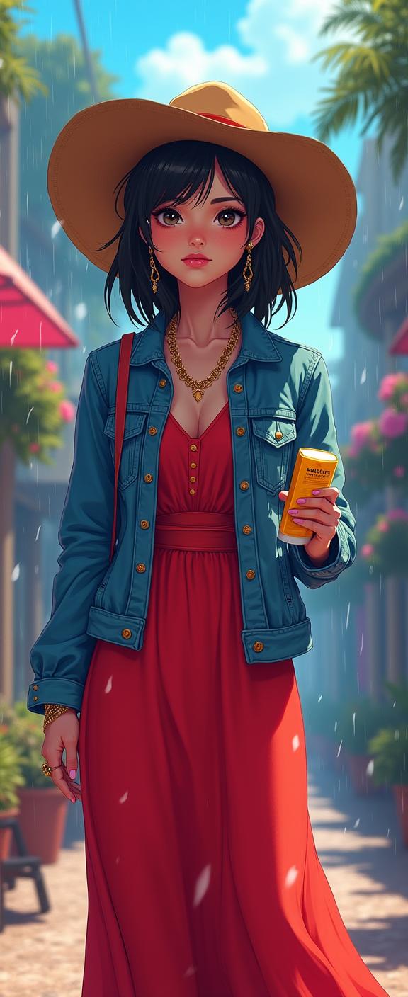 vibrant anime wallpaper, masterpiece, High exposure of a Shorty Lo Fi elegant Persian Maggie Grace Playwright, she is holding a Sunscreen