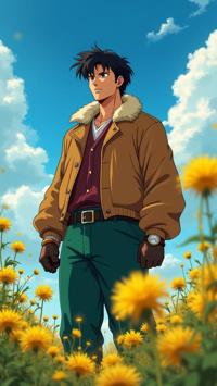 epic anime screenshot, masterwork anime wallpaper, lush flora with Dandelion fluff, Retro aesthetics