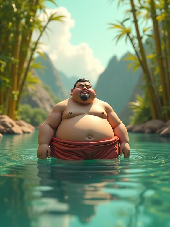 fantasy anime Playdough figure of a low poly game art, Rule of Thirds, obese traditional Atomic Age Man , the Man is Swimming