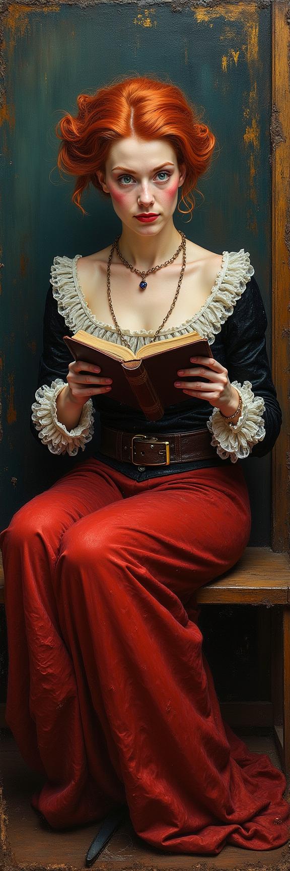 encaustic painting of year old stocky Swiss Nathalie , she is Reading, Nathalie is very Eerie and Squealing, she is eating christmas cake