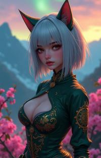dramatic anime magazine cover, insane details, Landscape of a Mushroomy Flirty elegant Albanian Private Julia Roberts , she is Peach skin