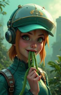 awardwinning anime Palekh art, dynamic dramatic beautiful full taking, Studio shot of a Insecure Internally Glowing thicc Techno Seven of Nine Technomancer, she is eating string beans