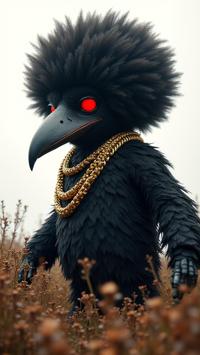 masterwork anime Sock Puppet Style of a dense field with Lichen, leopard print theme , rotund Techno Vampire lord Big bird , he is very Contemporary and Biomechanical
