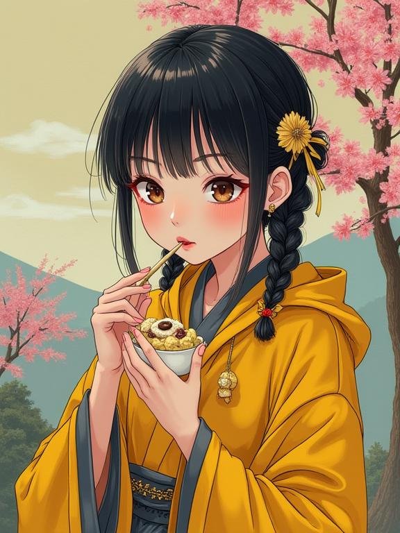 masterpiece anime s illustration style of a concept art, Infused Snug pear shaped figure Hong Konger Miranda Cosgrove , she is eating anmitsu, she is expressing guilt as a Marketer