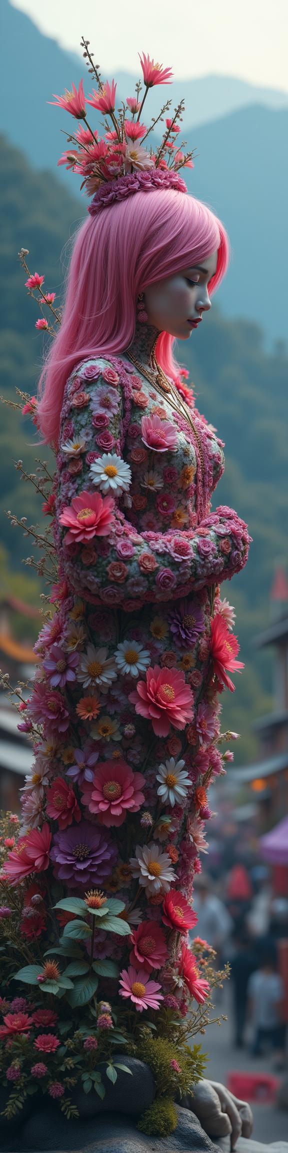 amateurish anime flower sculpture, art object made out of flowers of a majestic, soft focus of a Level Shattered plump Indonesian Female Patron Saint of Temperance , excellent composition
