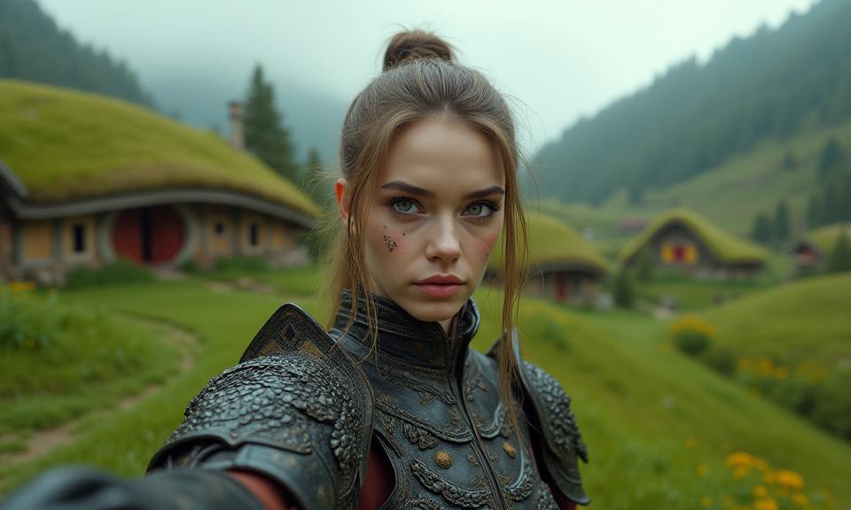 studio anime absurdres, electric green grass and Hobbiton style village, selfie shot angle of a Repulsive Paradoxical elegant Tudor Woman , she is inside a Paperweight